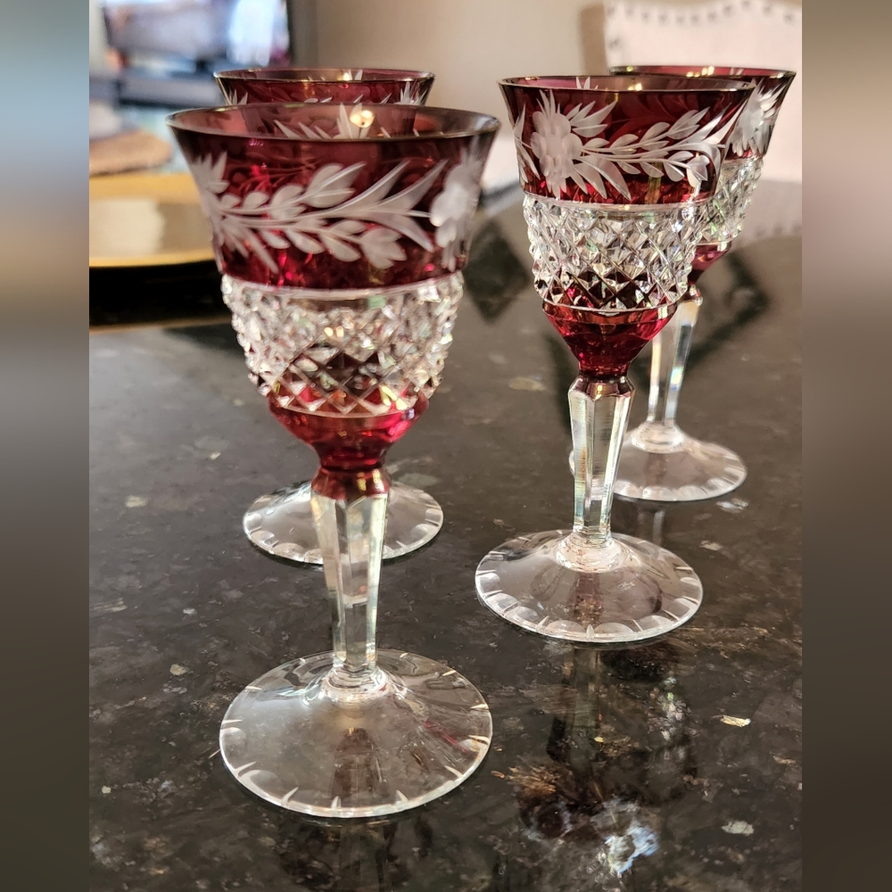 Vintage 4 Ruby Cut to Clear Ebeling & Reuss Marchioness  Sherry Glasses